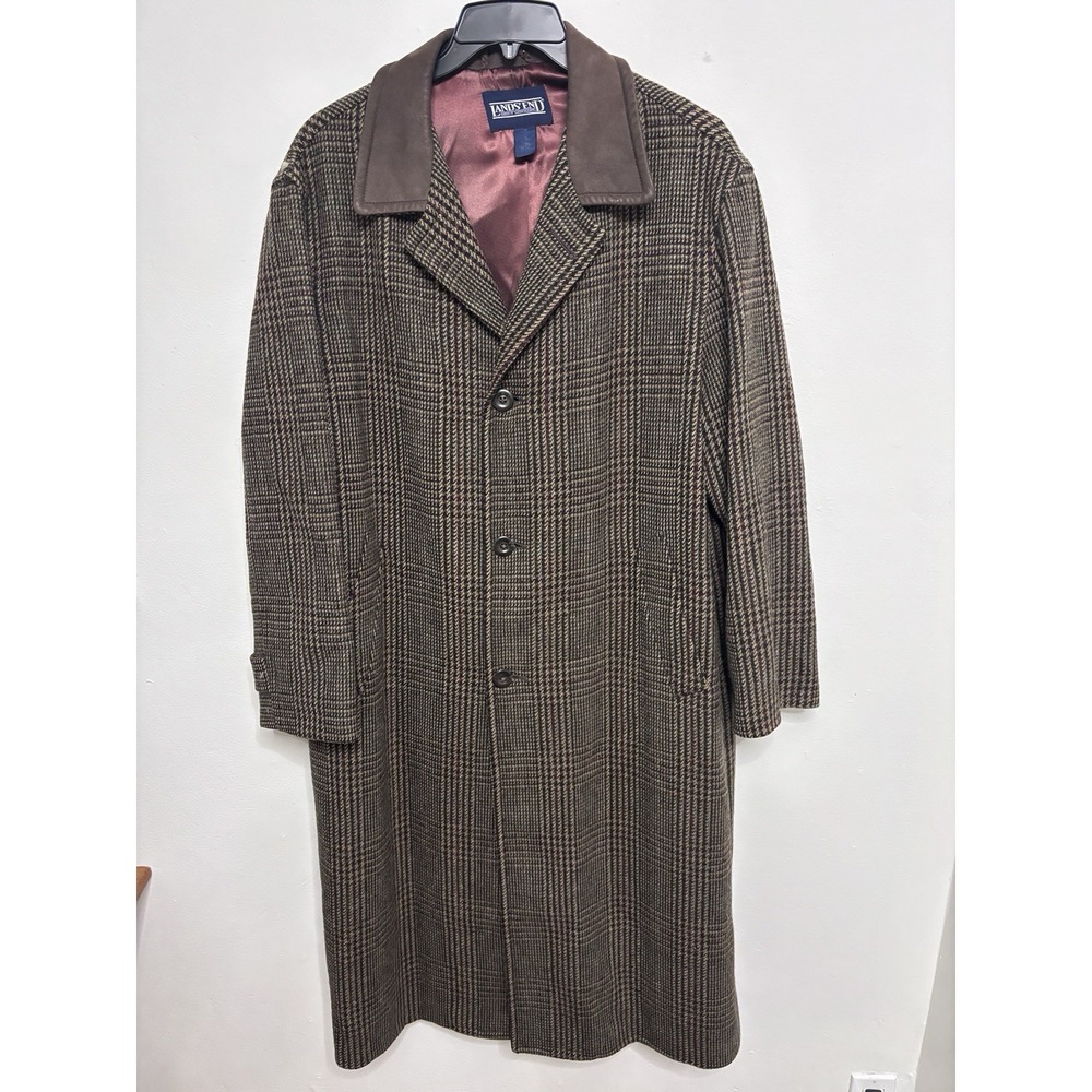 VTG LANDS END Men's Trench Coat Wool Tweed 52 large Orange Liner Made USA